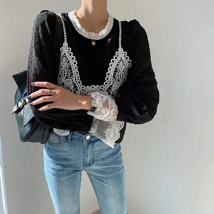 

COIGARSAM Lace blouse women New Chiffon Spaghetti Strap blusas womens tops and blouses White Black 91339