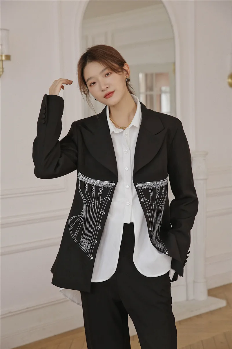 

2020 Fashion Black Designer Blazer Women Bandage Fall Jacket Print Tunic Ladies Suit Coats And Jackets Autumn Outerwear V541