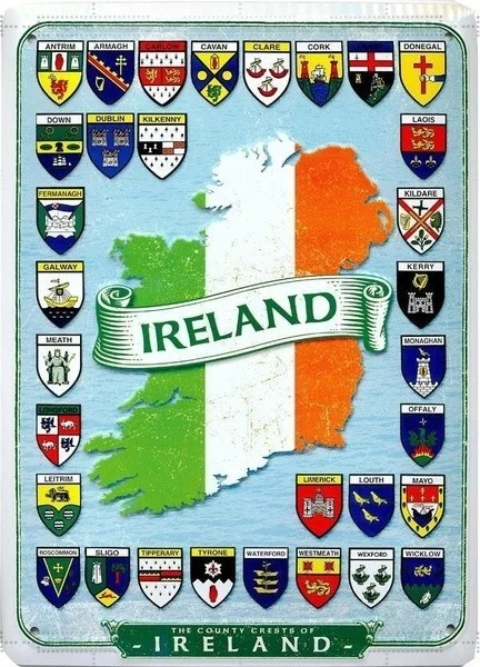 

Retro wall decoration home decoration Ireland Map and County Crests on Irish Embossed Metal Sign for coffee Bar Club room decor