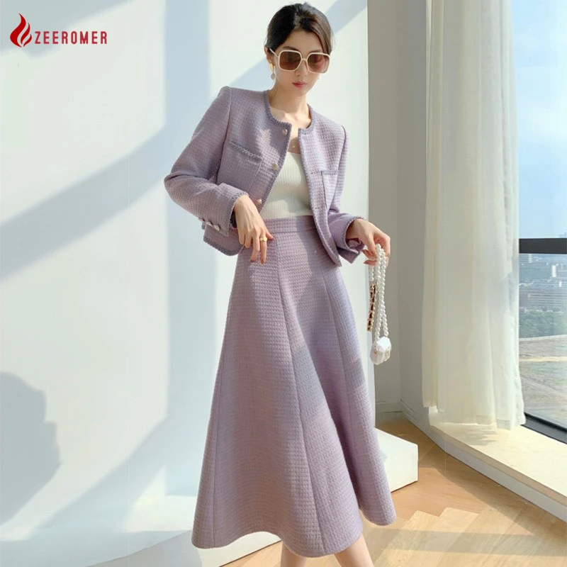 

Женский твидовый костюм из двух предметов, элегантный короткий Блейзер на пуговицах с жемчужинами и длинная юбка с высокой талией в Корейск...