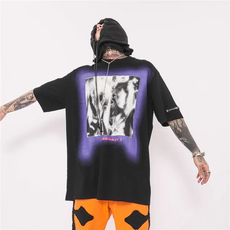 

GTDOM Men Abstract Graffiti Printing Portrait Printing Short Sleeve T-Shirt 2021 Spring New High Street Hip Hop Vintage T-Shirt