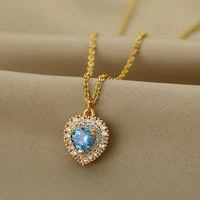 zircon blue heart necklaces for women zirconia heart pendant necklace clavicle chain jewelry choker charm christmas jewelry gift