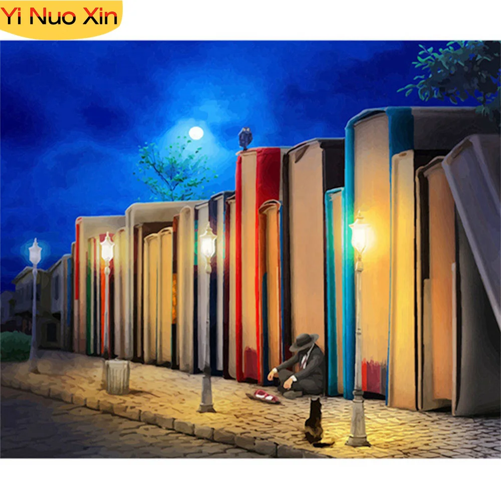 

YNX5D Diy Mosaic Embroidery Art Full Landscape Bookshelf Home Decor New Year Gift Magic Wall Stick Diamond Painting Cross Stitch