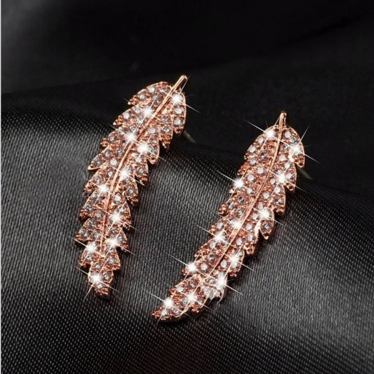 

WANGAIYAO new small fresh micro-inlaid zircon gold and silver leaf earrings Korean fashion ladies earrings