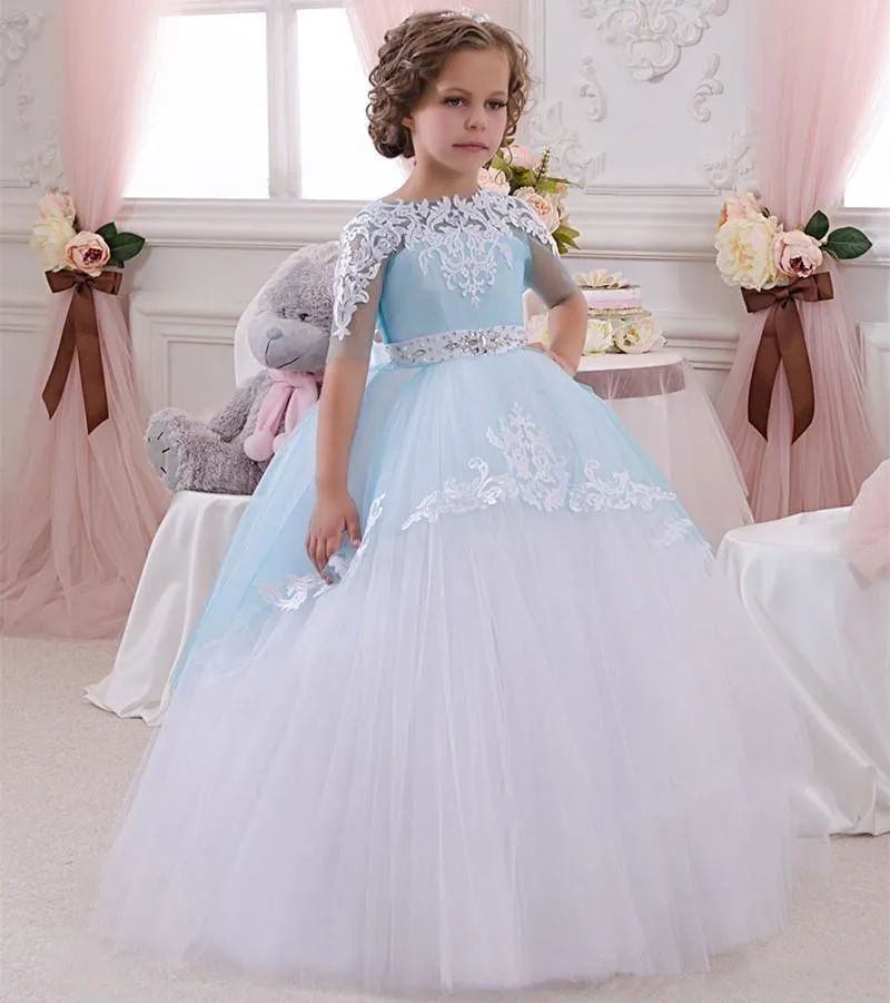 

Blue Flower Girl Dresses For Weddings Ball Gown Half Sleeves Tulle Applique Beaded Long First Communion Dresses For Little Girls