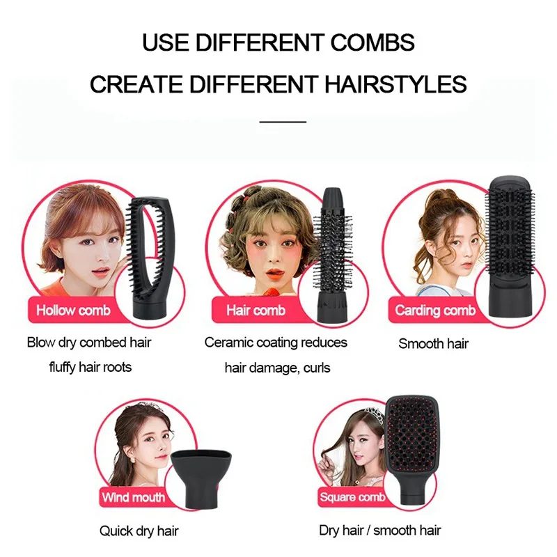 1000W Professional Hair Dryer Brush 5 In 1 Straightener Curler Comb Electric Blow With Roller Styler | Красота и здоровье
