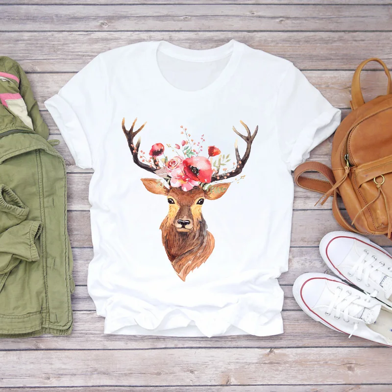 Женская футболка с цветочным принтом модная Рождественская рисунком оленя Kawaii 90s