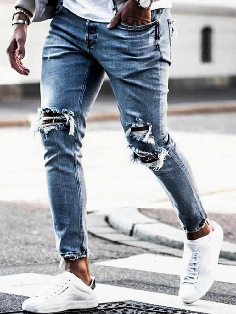 Streetwear Knee Ripped Skinny Jeans for Men Hip Hop Fashion Destroyed Hole Pants Solid Color Male Stretch Denim Trousers