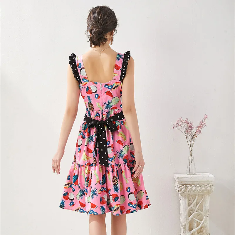 Платье женское летнее хлопковое с поясом в горошек милая майка принтом ананасов