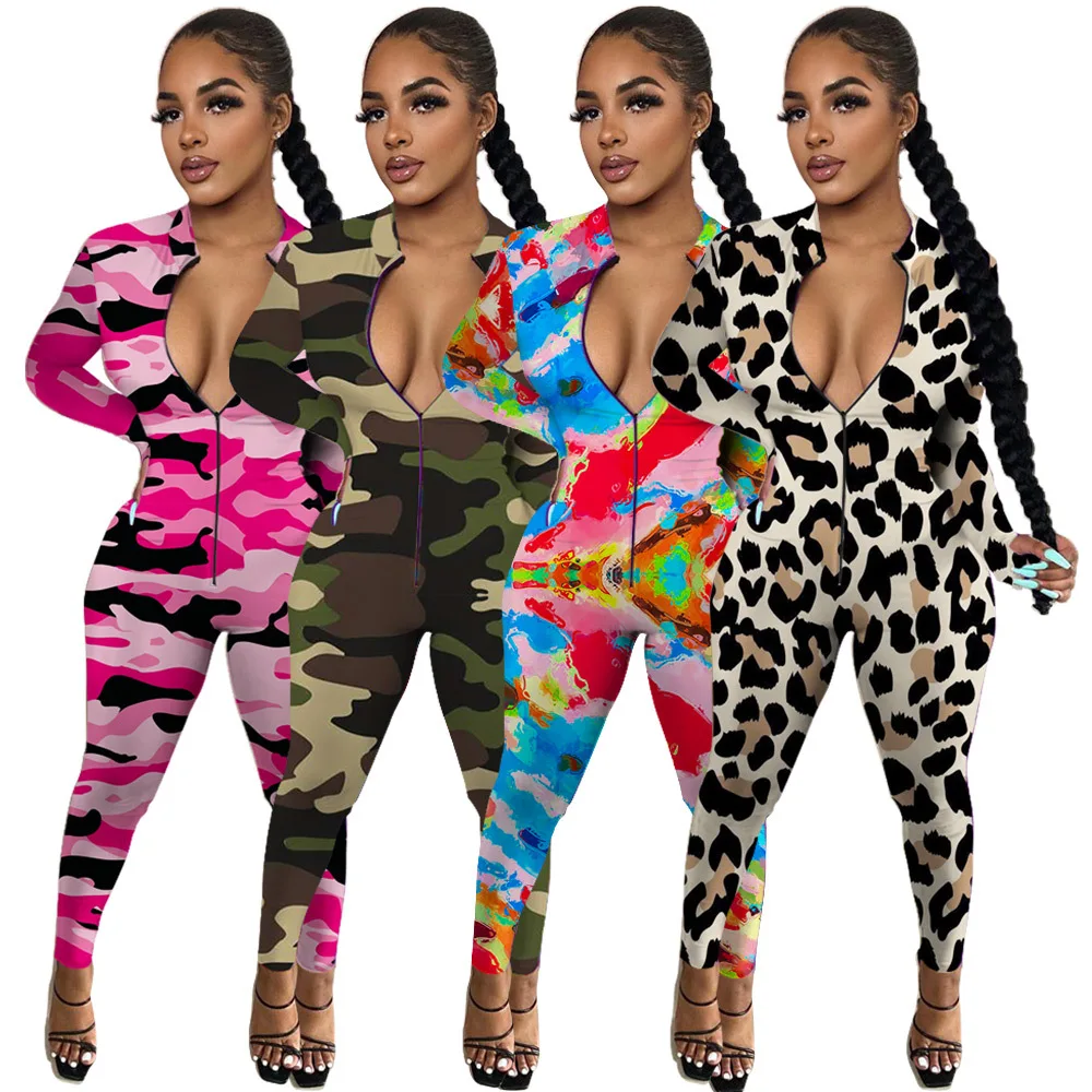 

2020 Rompers Women Jumpsuits Camouflage Leopard Print Long Sleeve Zipper Up V-neck Bodysuits Free Shipping Wholesale Dropshpping
