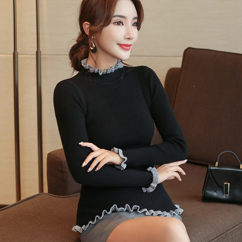 Women sweaters and pullovers 2021 ladies tops long sleeve solid turtleneck dress Pullovers Flare Sleeve Ruched femininas 6351 90 | Женская
