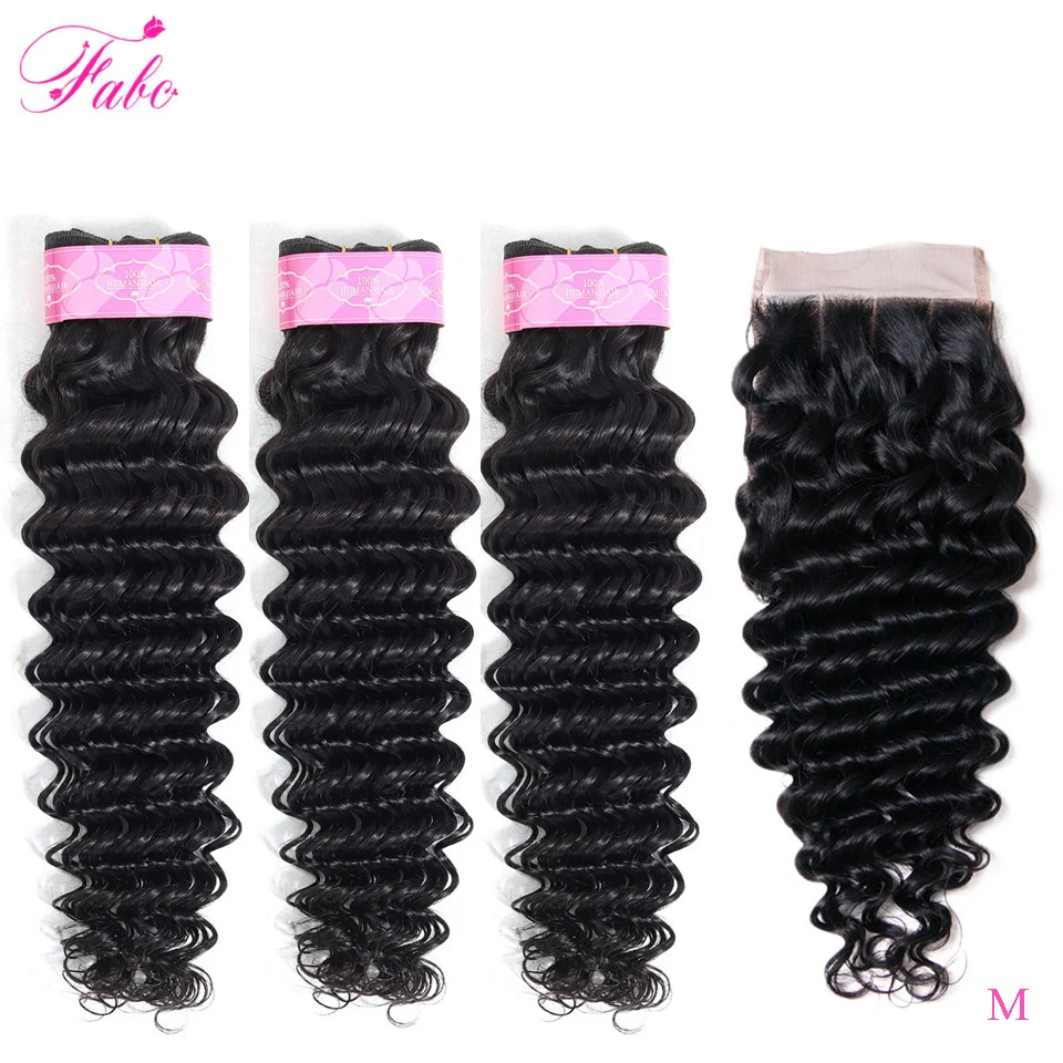 FABC Hair deep wave bundles with closure non-remy peruvian hair 3/4 bundles natural black 100% human hair extensions