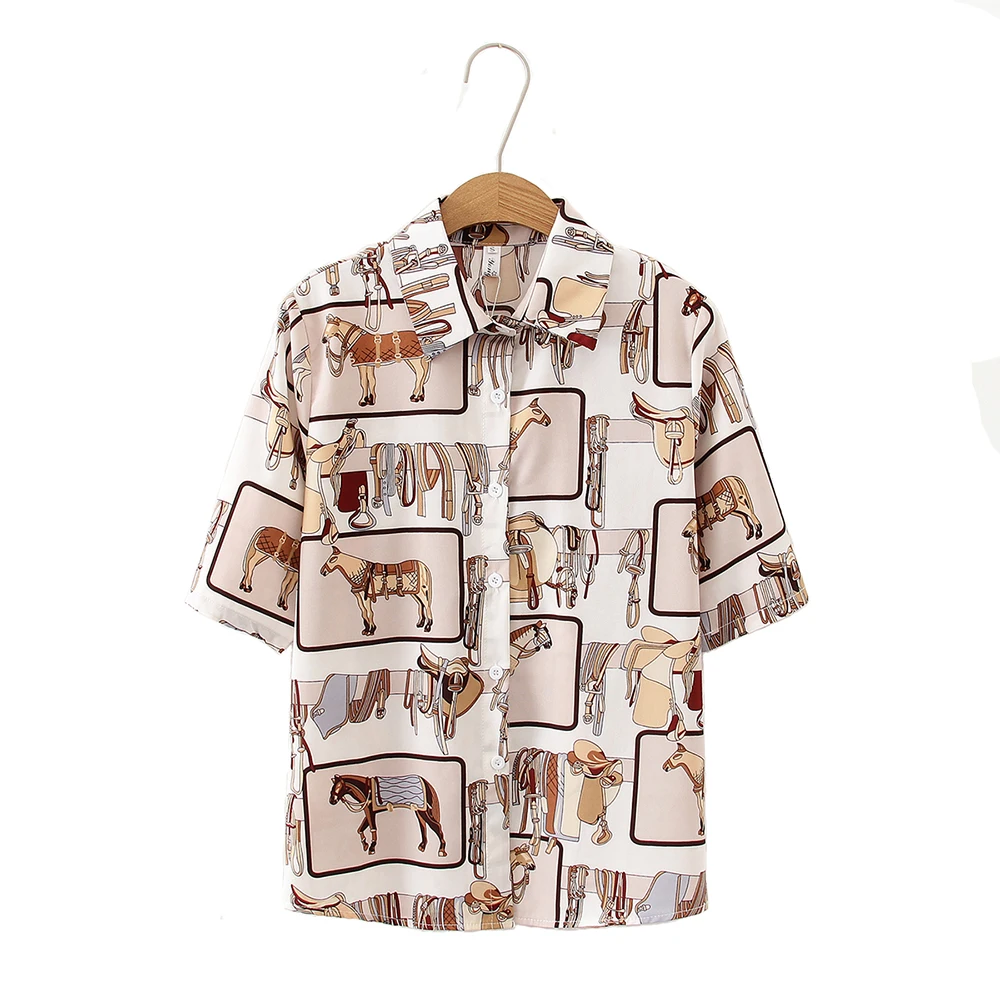 Женская летняя Свободная шифоновая рубашка в клетку с коротким рукавом и мультяшным принтом лошадей, 2021 от AliExpress WW