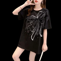 kywommnz 2021 summer fashion bowknot printed stitching t shirt women half sleeve streetwear casual t shirt e2411