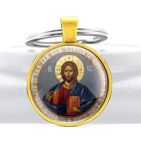 orthodox church theme pendant key chain classic glass cabochon metal men women key ring jewelry gifts keychains