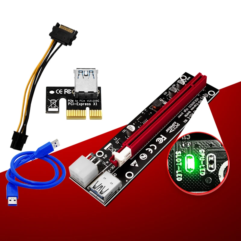 

New PCI-E PCIE Riser 103 Express 1X 4x 8x 16x Extender PCI E USB Riser 0103S GPU LED 6Pin Adapter Card SATA 15pin for BTC Mining