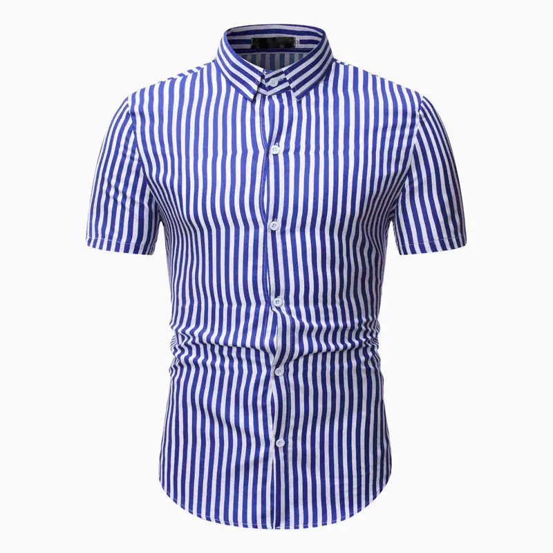 

Blue White Vertical Stripes Mens Shirts Short Sleeve Casual Slim Fit Shirt 2020 Summer Fashion Tops Mens Chemise Homme