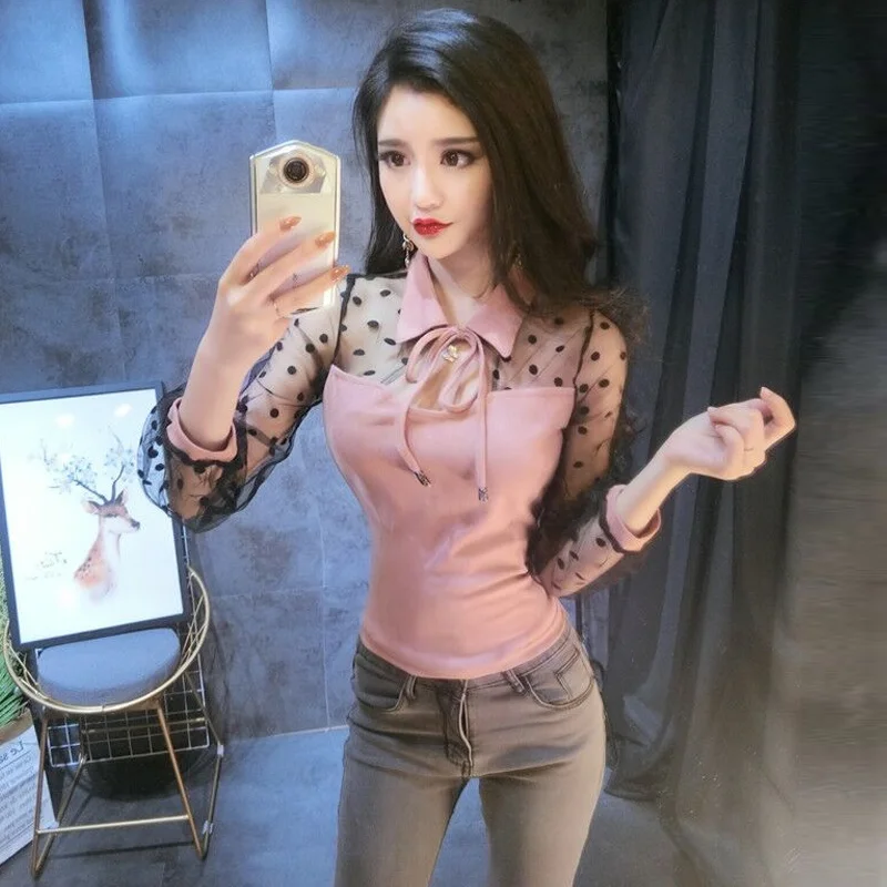 

Gegejia Spring Clothing Internet Celebrity Anchor Sexy Dot Mesh Stitching Velvet Short Lapels Lace-up Small Shirt Top