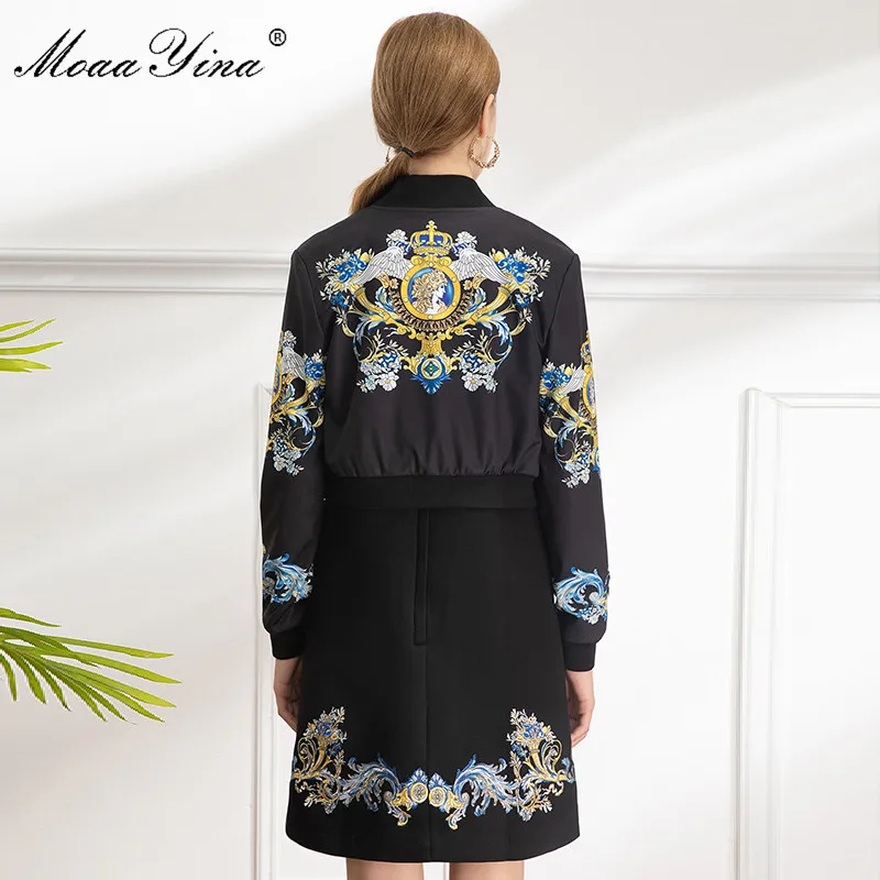 

MoaaYina Fashion Designer Set Spring Summer Women's Embroidery dress+Long sleeve Baroque Print jacket Black Two-piece set