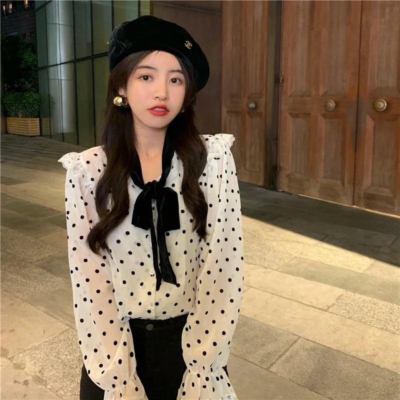 

Блузка в горошек, женский дизайн, осень 2021, новый стиль, нежный шикарный топ, бельевая одежда