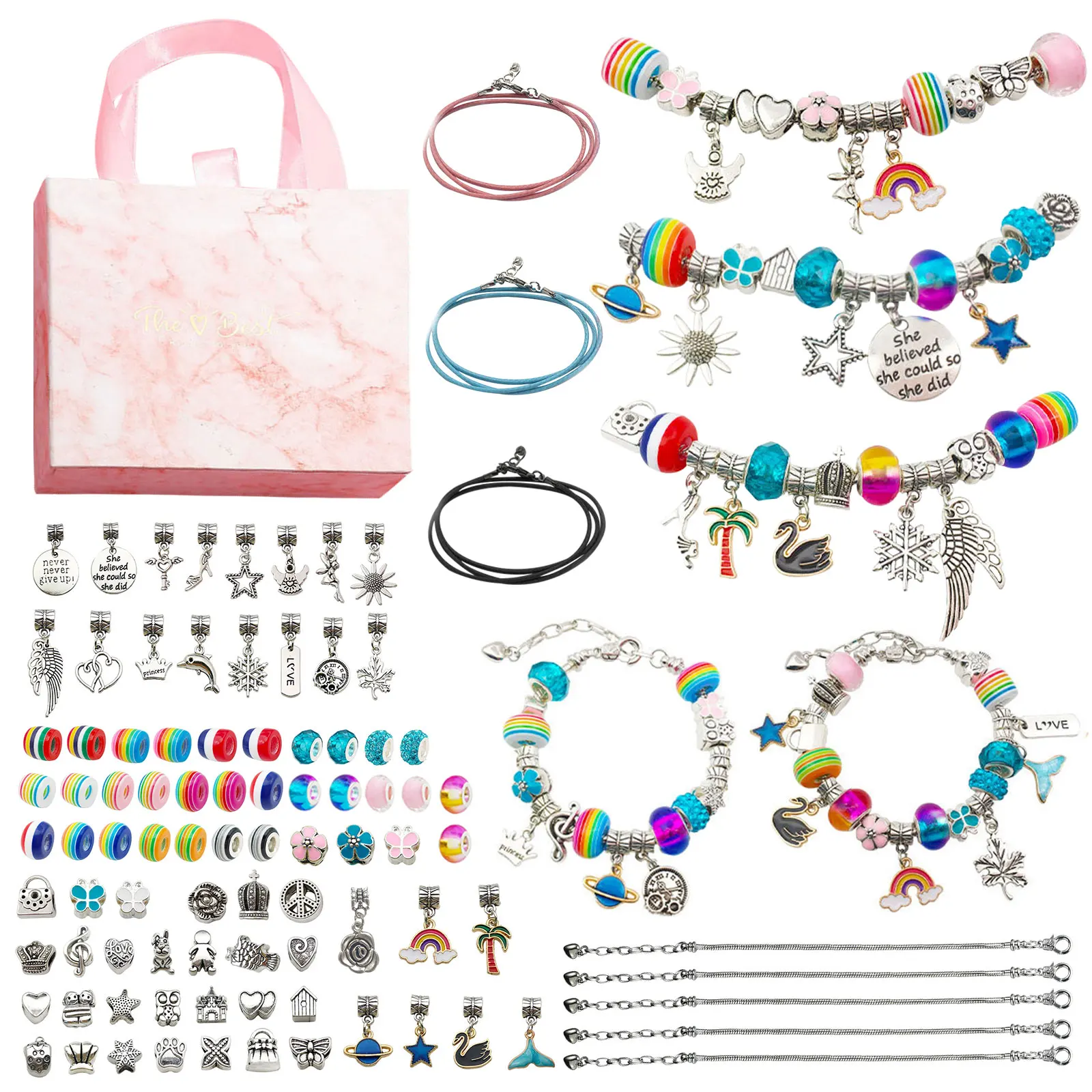 92 шт. браслет с подвесками в розовой подарочной коробке |