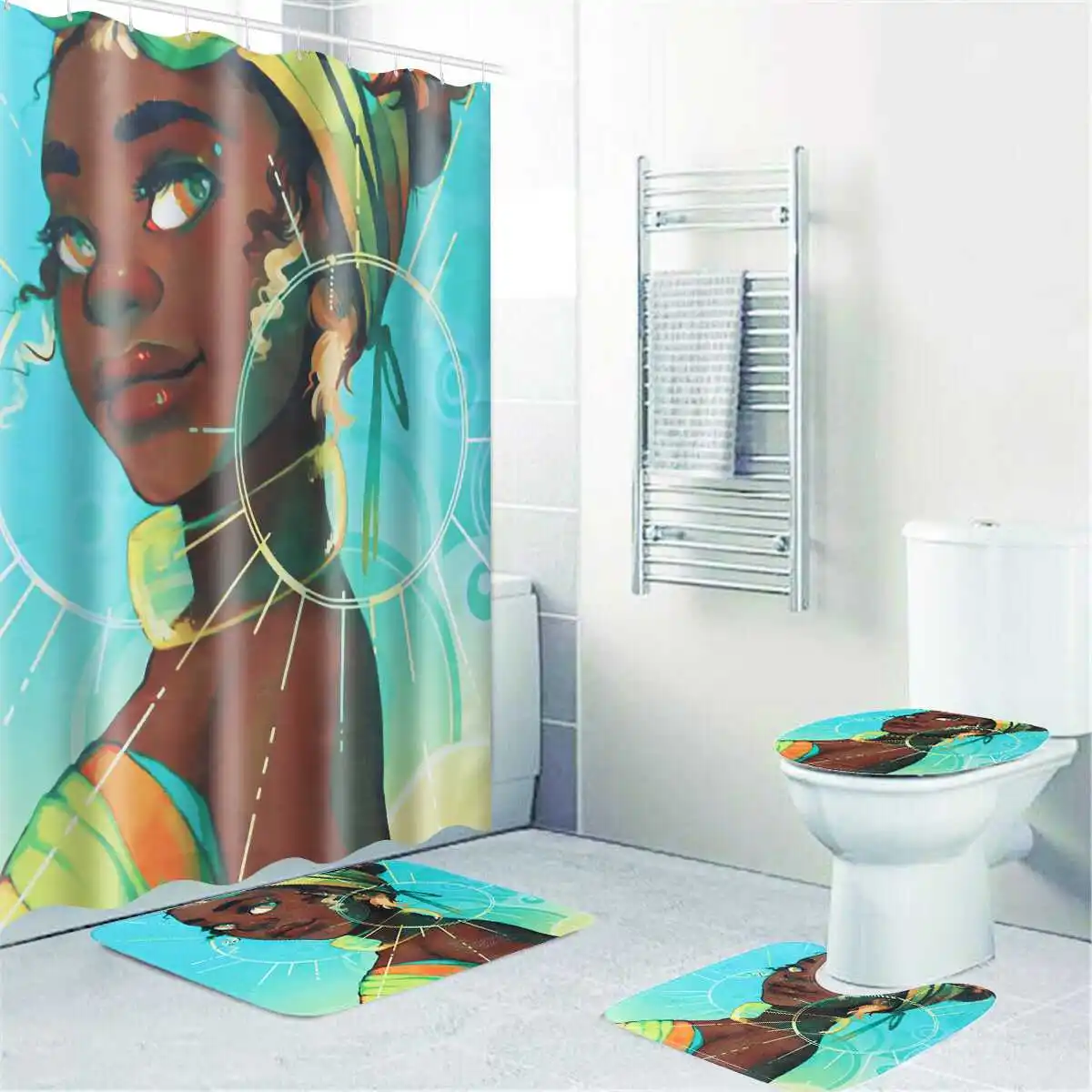 

Bathroom Shower Curtain Set African American Cute Girl Afro Sexy Black Girl Bath Curtains Non-Slip Rug Toilet Seat Cover Mats