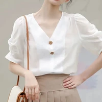 2021 summer new style french v neck puff sleeve short blouse ladies short sleeved shirt female design sense niche