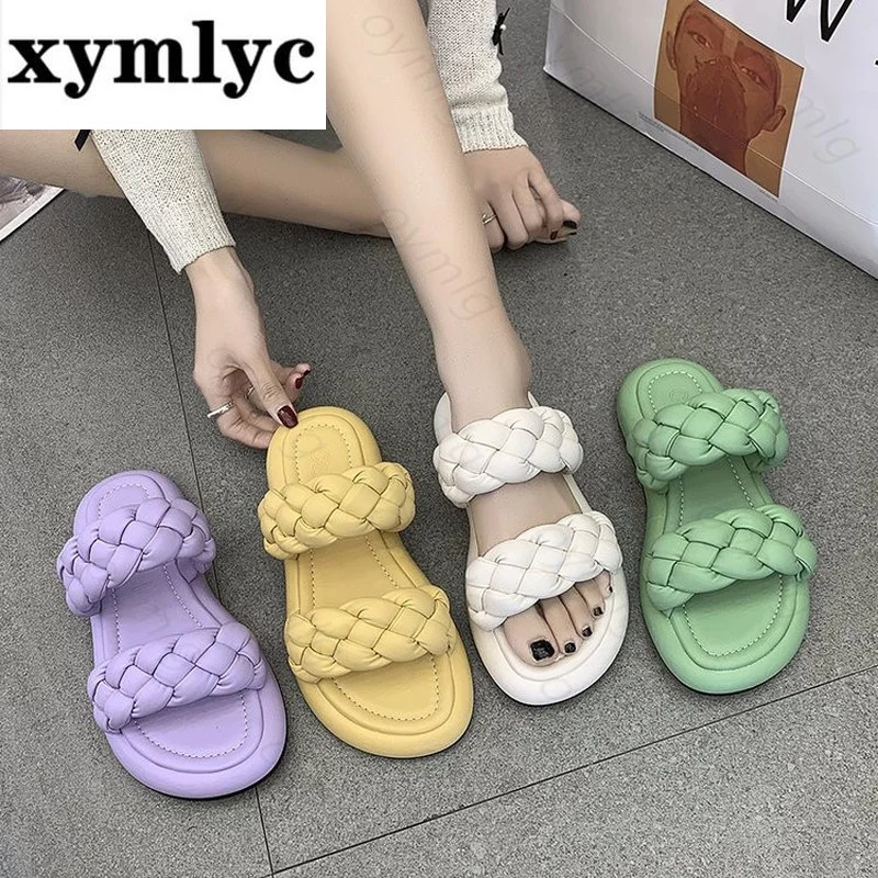 

2021 Women Slippers Slip On Slides Fashion Brand Leather Flat Sandals Female Outdoor Casual Flip Flops Zapatillas Mujer Casa