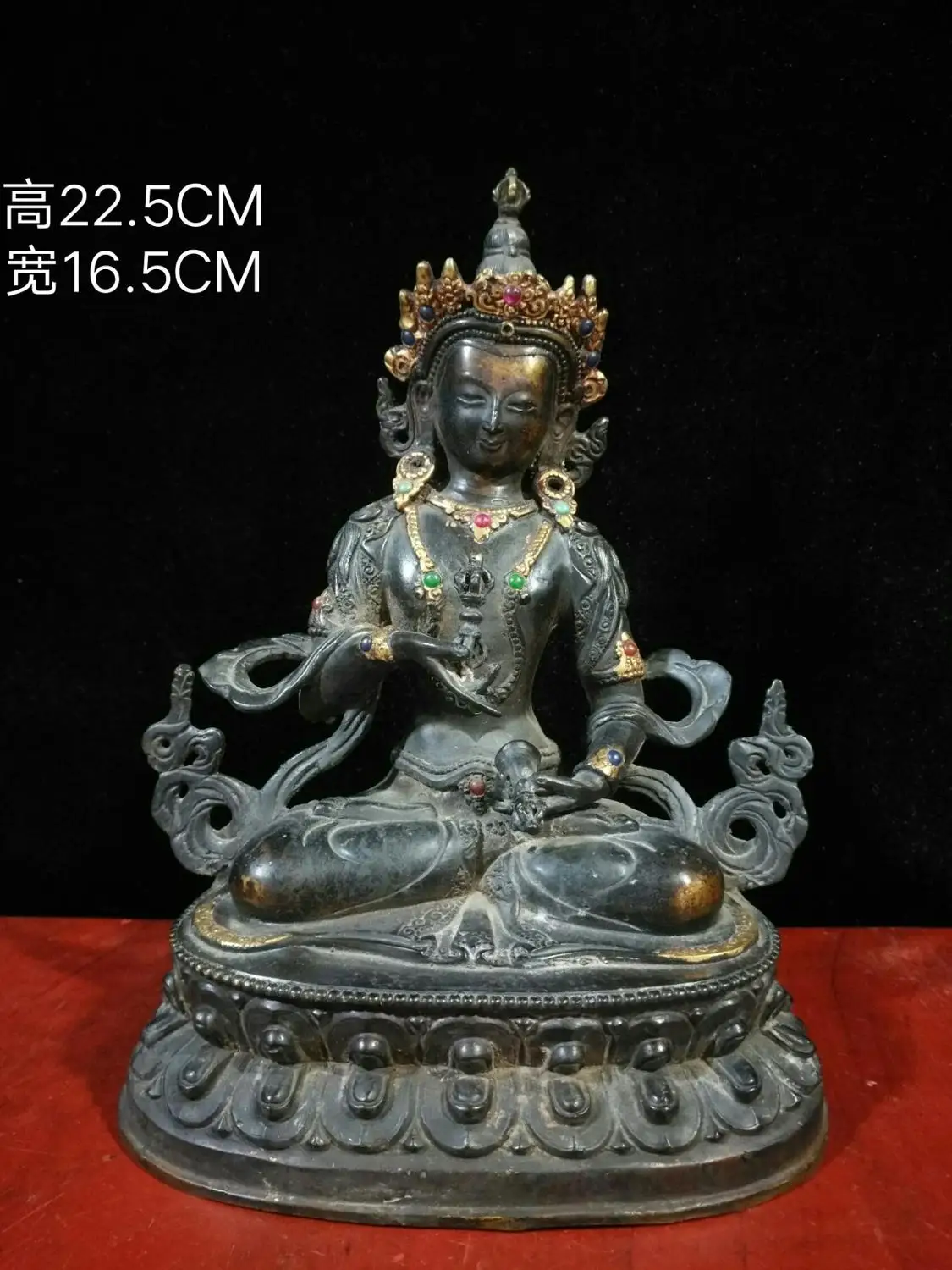 

9" Tibet Buddhism Temple Old Bronze Gilt Gem Vajrasattva statue Guanyin Bodhisattva statue Amitabha Enshrine the Buddha
