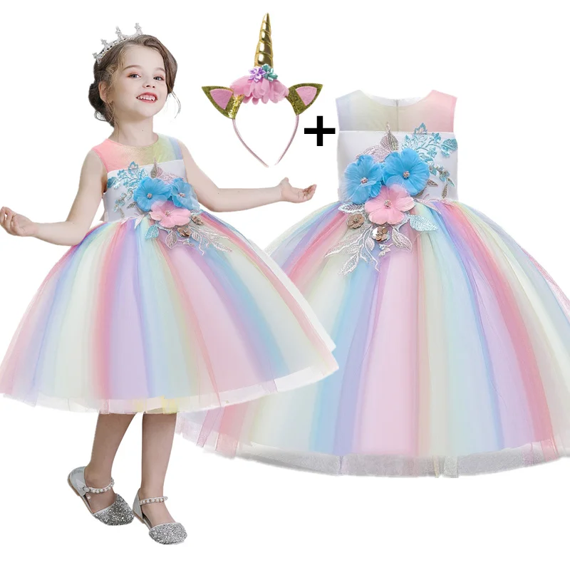 Unicorn Party Fluffy Girl Tiered Floral Tutu Dress Halloween Rainbow Costume Princess Toddler Girls Backless Cartoon | Детская одежда и