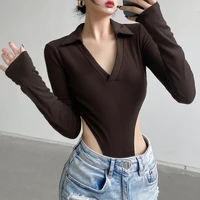 women sexy ribbed bodysuit solid color v neck long sleeve high waist bodycon rompers playsuit office lady slim fit basic clothes