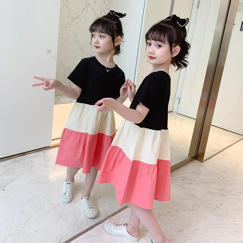 

2022 Summer Spliced Hit Color Girl Baby Dress Fashion Casual Short Sleeve Children Midi Princess Clothing Oversized 2 To 8 Years