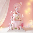 Розовые полимерные олени в лесном стиле, искусственные цветы, железные акриловые топперы для торта, украшения для дня рождения, товары для выпечки