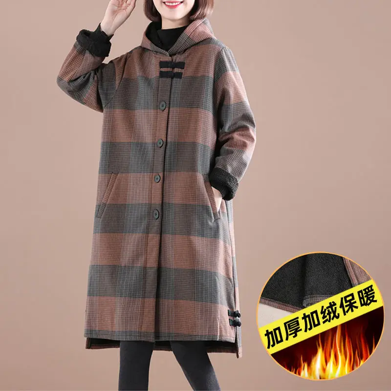 

Autumn Winter Trenach Coat Women's New Korean Retro Loose Large Size Hooded Plaid Plus Velvet Warm Windbreaker Female Mid-long
