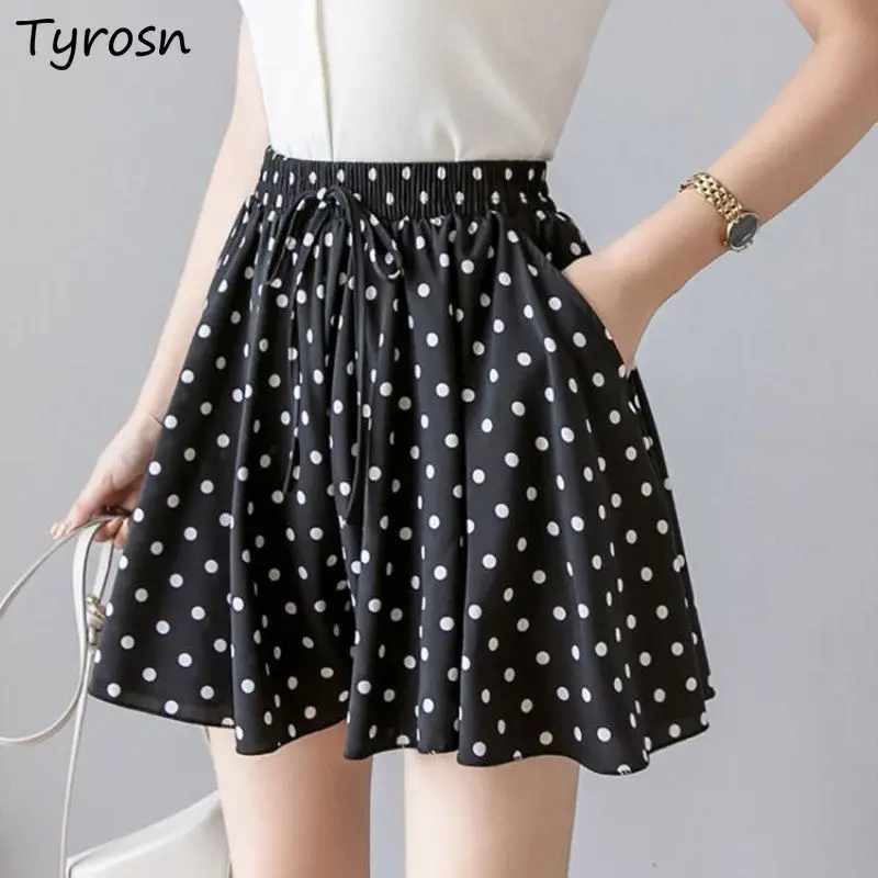 

Women Shorts Polka Dots Flower Simple Elegant Stylish Draped Bow High Waist Korean Style All-match Sweet Tender Chiffon S-3XL