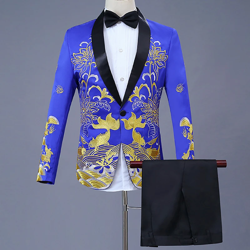 

Luxury Gold Embroidery Mens Suits Party Wedding Suits Men Shawl Collar Tuxedo Suit Jacket Pants Stage Host Singer Clothing