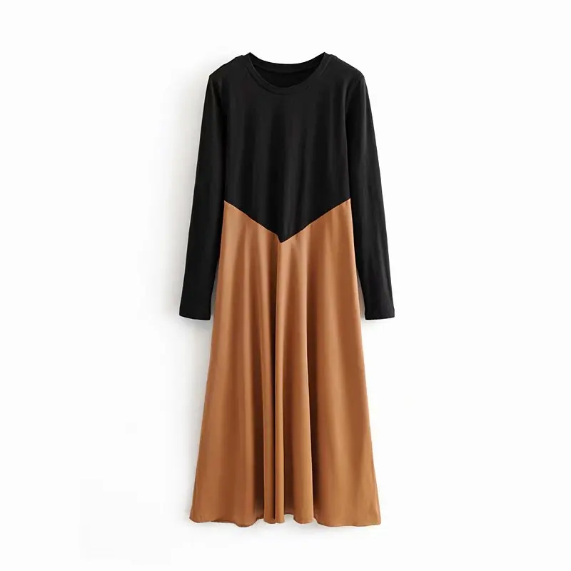 Женское шикарное платье миди со вставками с длинным рукавом и круглым вырезом