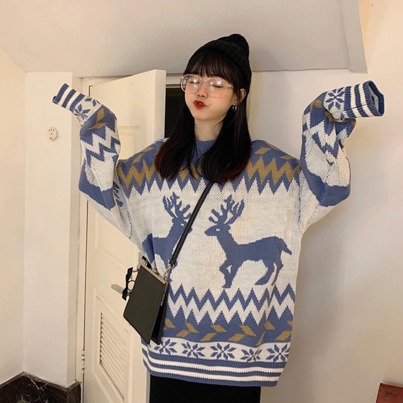 Preppy Style Winter Pullover Female Knitted Sweater with Deers for Women O-neck Sweaters Tops Mujer Jumper | Женская одежда