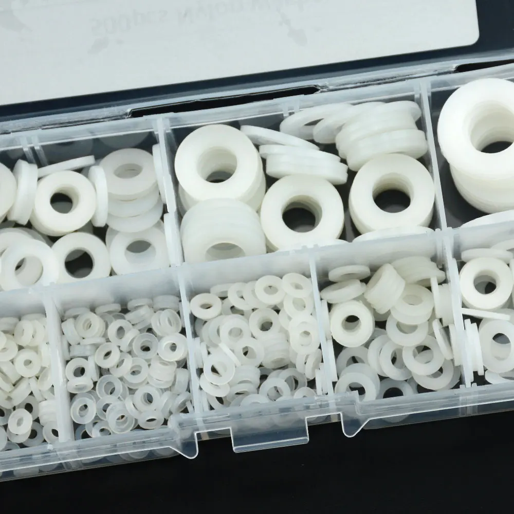 Arandela plana de nailon de plástico blanco, arandela, juntas tóricas, Kit surtido de juntas, M2, M2.5, M3, M4, M5, M8, M10, 500 unids/caja