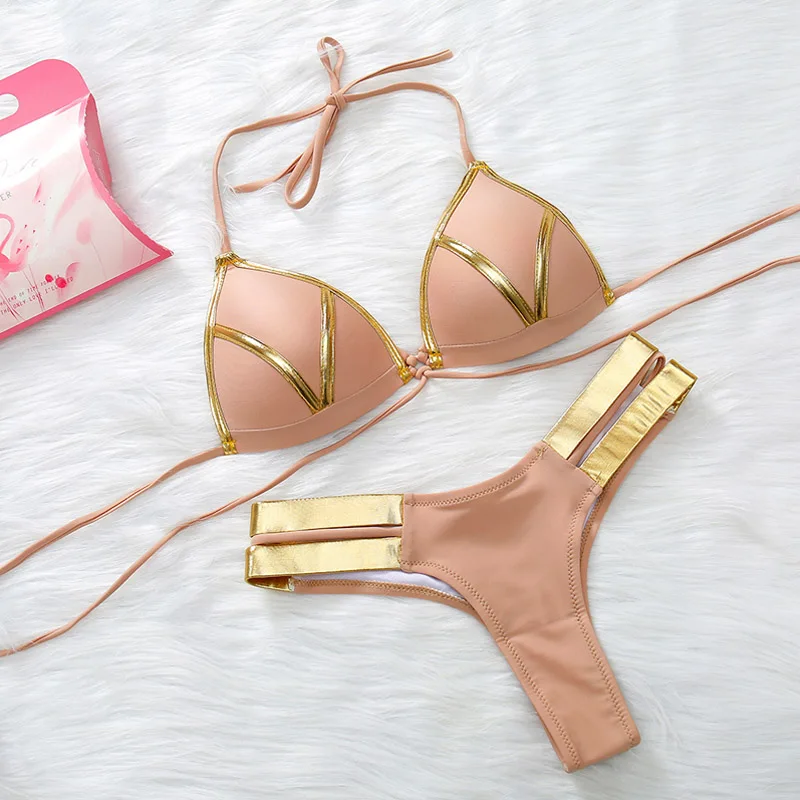 Золотой бандажный купальник 2019 сексуальное Бразильское бикини пуш ап купальники