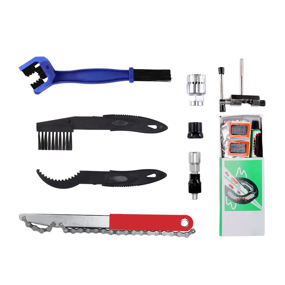 

Bicycle Repair Tool Set Crevice Brush Chain Cleaning Brush Chain Cutter Chain Wrench Crank Extractor Tire Patches Tool Set