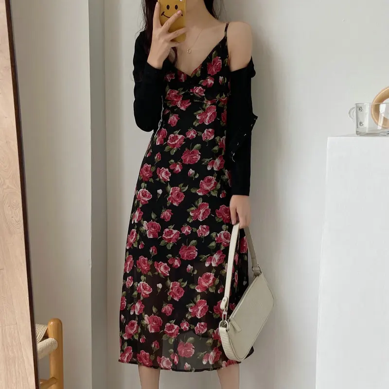 

Romantic Women Summer Red Floral Print Spaghetti Strap Dresses Fine Brides Calf Length Chiffon One Piece Beach Robe Plus Size