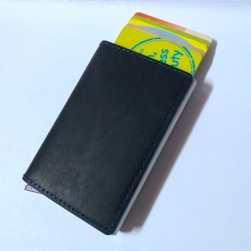 Автоматический Silde алюминиевый ID наличные держатель для карт из натуральной кожи для мужчин бизнес RFID Блокировка Кошелек Кредитная карта протектор чехол