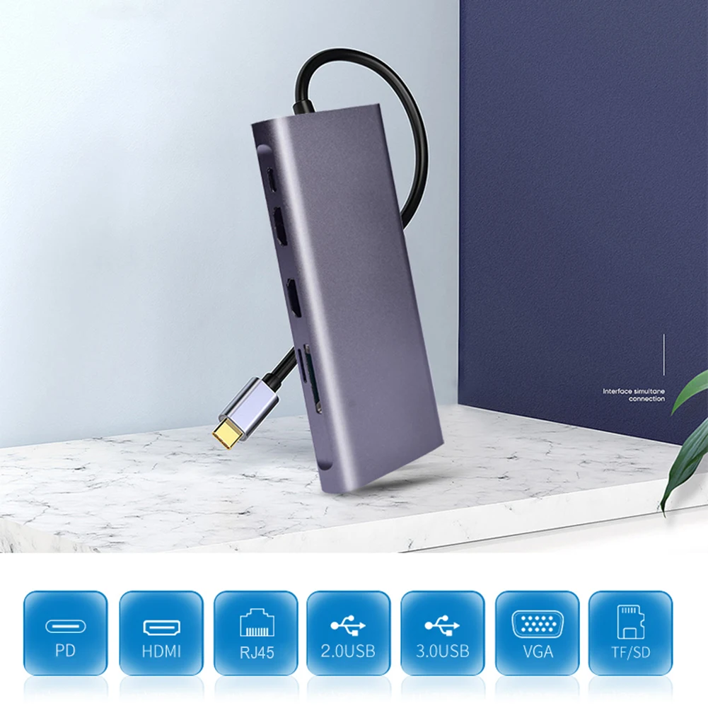 

Type-C HUB VGA RJ45 SD TF 2 HDMI-compatible Docking Multi USB Station 2 USB3.0 2 USB 2.0 Office Caring Computer Supplies