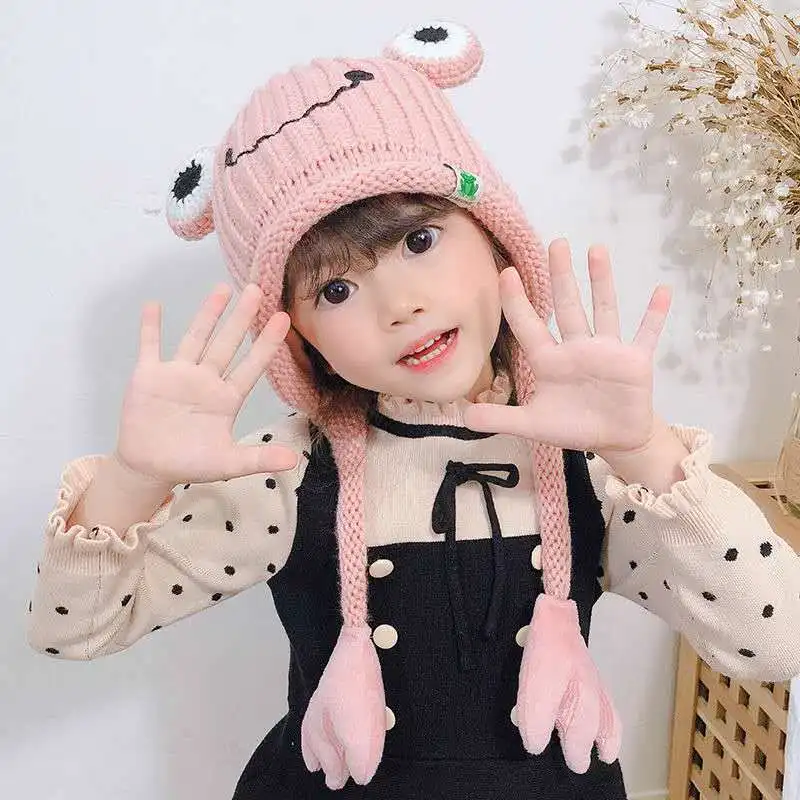 Мультяшная зимняя детская лягушка вышитая шапочка флисовая плотная шапка