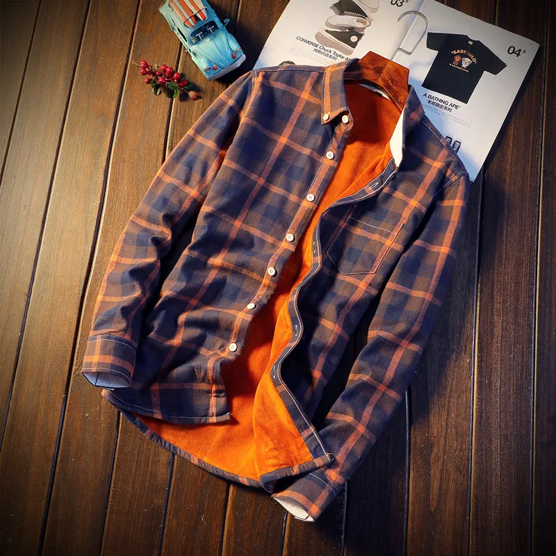 

Autumn Winter Fleece Shirt Plus Velvet Plaid Warm Shirts Men Casual Flannel Slim Fit Street Cotton Thick Dress Shirt Size 5XL