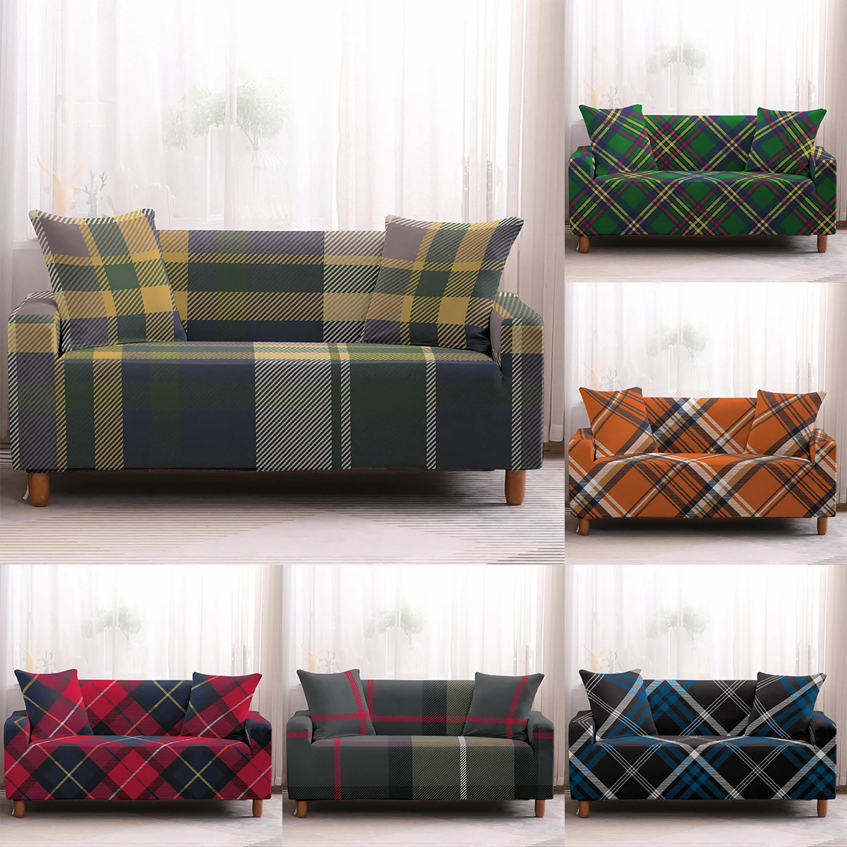 

Geometric Plaid Stretch Slipcovers Sectional Elastic Stretch Sofa Cover for Living Room Couch Cover 1/2/34 Seater