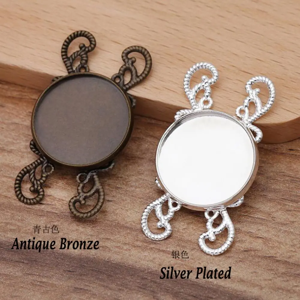 100pcs silver plated antique bronze 40mm filigree flower sheet into 20mm tray bezel blank pendant base cabochon settings