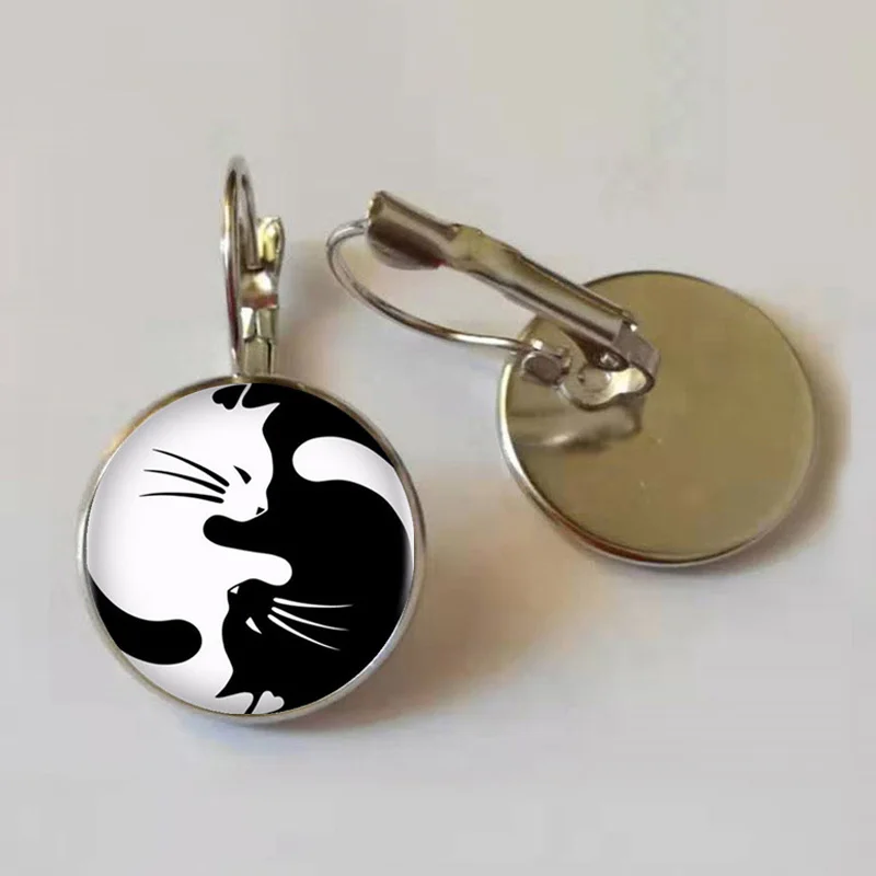 Vintage Yin Yang Cats Glass Cabochon Statement Pendant Drop Earrings For Women Females Jewelry Gift Hot Sale | Украшения и