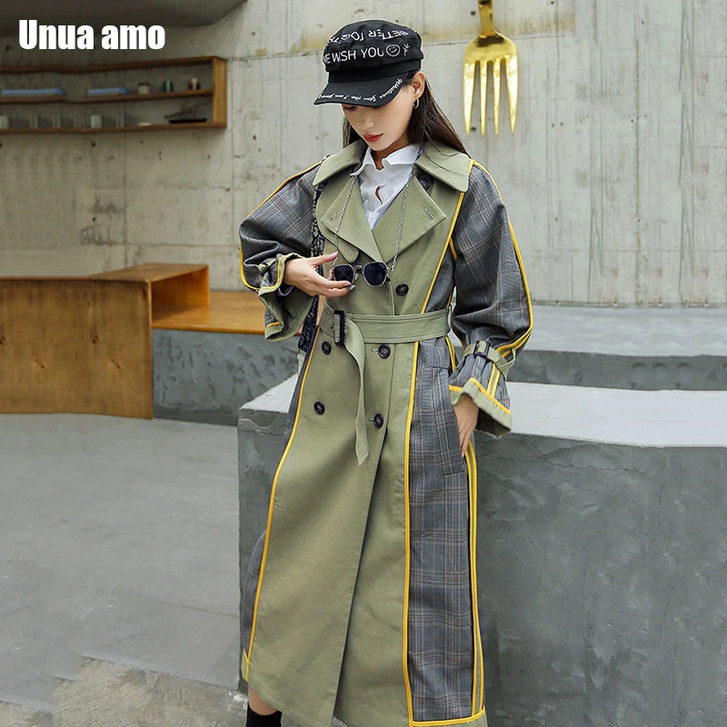 

Unua amo 2021 Long Coat Woman Autumn Sashes Windbreaker Fashion Loose Fit Double-breasted Hit Color Plaid Trench Female